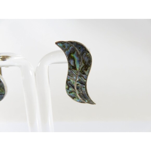 Vintage Modernist Wavy Abalone & Sterling G Taxco Mexico Silver Screw Back Earri - Picture 3 of 9